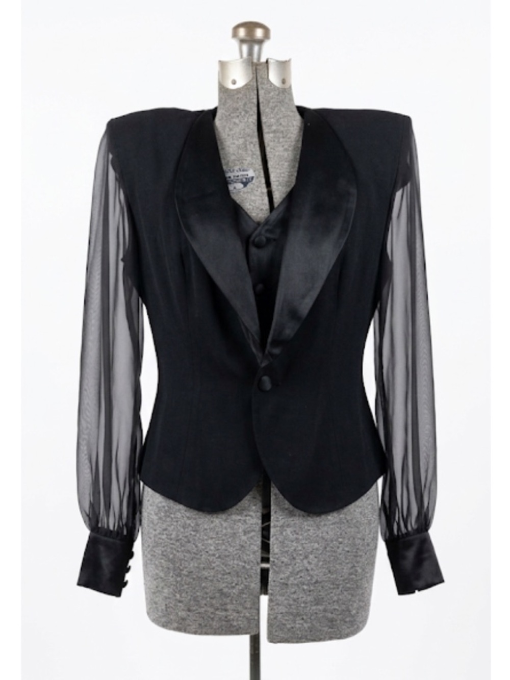 Vintage Cache Black Satin Lapel Blazer with built in vest & Sheer Sleeves 6.